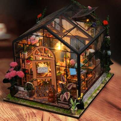 1 Bộ lắp ráp nhà búp bê bằng gỗ, mô hình nhà thu nhỏ, bộ mô hình nhà kính thu nhỏ, tỷ lệ 1:24, đồ thủ công tự làm/quà sinh nhật/trang trí nhà cửa, quà tặng cho gia đình và bạn bè (Không bao gồm pin)