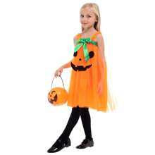 万圣节女孩鬼和女巫服装，儿童狂欢派对南瓜裙（仅连衣裙，无其他道具头带或南瓜袋） - 彩色 - 查看 7
