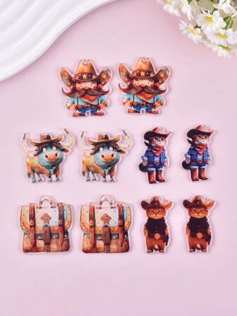 10 piezas/Paquete Accesorios de joyería de vaquero occidental, colgantes, aretes y collares con diseños de gato y toro de acrílico