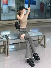 女士时尚镂空抽绳磨边喇叭裤脚牛仔裤 - 灰色 - 查看 4