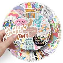50pcs Psychological Health Slogans Graffiti Stickers Helps Cure Depression - Waterproof PVC Decals For Phone Cases, Laptops, Refrigerators, Suitcases & More - Reusable, High-Quality, Glossy & Matte Finish, Versatile Adhesive | Pastel Graffiti Stickers | Reusable Stickers - 彩色 - 查看 10