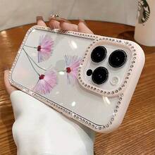 Funda para teléfono (1 unidad) Fondo blanco con flores de papel rosas y purpurina | Funda brillante para phone 11/12/13/14/15/16 Funda brillante para phone 11/12/13/14/15/16 Pro con pegatinas de joyas | Regalos de cumpleaños para mujer - Blanco - Ver 6