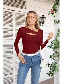 Womens Fashion Fall Cutout Long Sleeve Ribbed Slim Fitted Tops Shirts Tee Tshirts - 長葡萄酒紅 - 查看 3