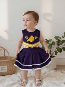 Toddler Baby Girl Cheerleader Outfit Shirt Tops Skirt Set Cheer Uniform Outfit Halloween Cheerleading Clothes - Màu tím - Xem 3
