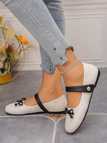 Plus Size Women's 36-43 Spring & Autumn Beige Bowknot Strap Mary Jane Flats, Daily Work Commute Party Fashion Versatile Slip-On Lightweight Soft Sole Non-Slip Ballet Flat Shoes, Random Pattern - Beige - View 5