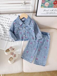 2 Stücke Baby Mädchen Vintage Schleife Langarm Denim Jacke + Jeans Hose Set, Herbst & Frühling - Blau - Übersicht 1