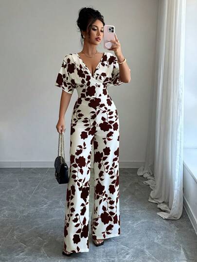 Mono informal de pierna ancha y cintura alta con estampado en blanco y negro, con ajuste fruncido y lazo en la cintura, para usar en el trabajo