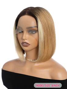QVR QUEEN VIRGIN REMY 100% Human Hair T-Part Lace Front Bobo Wig With Baby Hair, Virgin Remy Hair, Middle Part Lace Wig, Natural Hairline, Piano Brown With Blonde Mix Color, Glueless Wig For Women - S4/27/613 - View 4
