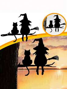 1pc Enchanting Witch & Cat Garden Decor - Iron Yard Art With Flying Broomstick, Perfect For Halloween & Outdoor Spaces, Tree Stump Insert, Outdoor Garden Decor|Spooky Theme Decor|Iron Construction, Witch DecorA Perfect Halloween Gift For Lovers, Parents And Friends. - Multicolor - View 10