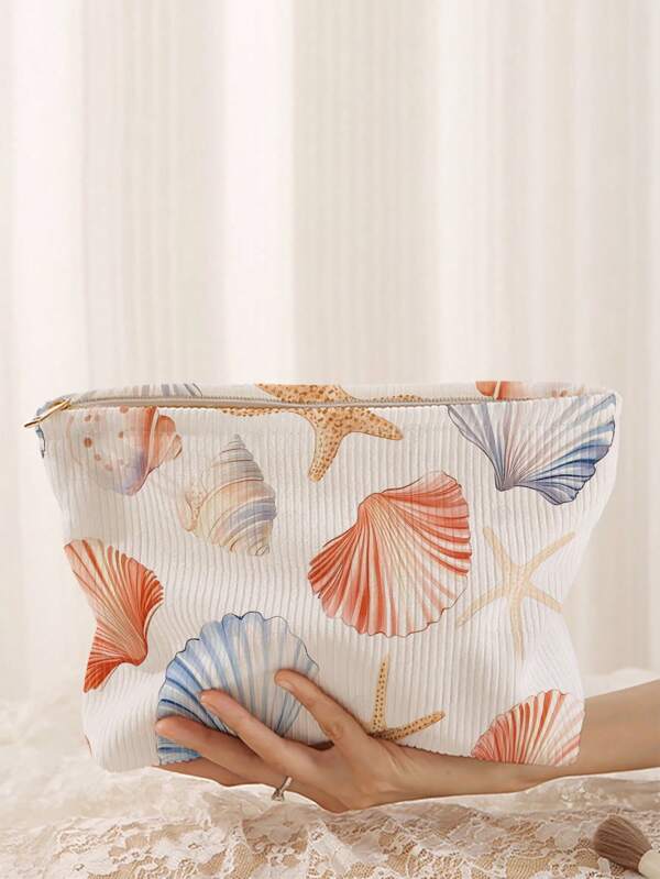 1pc Portable Cosmetic Bag, Marine Series Shell & Starfish Print Double Sided, Travel Zipper Makeup Bag, Multi-Function Toiletry Storage Pouch