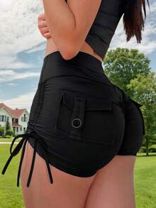 返校季运动瑜伽工装短裤，弹力褶皱提臀宽腰带翻盖口袋侧边松紧抽绳，舒适高品质魅力健身骑行短裤，女士万圣节服装，黑色夏季款 - 黑色 - 查看 1