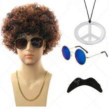 Ensemble de costume disco des années 70/80 pour hommes en 5 pièces - Perruque afro bouclée, lunettes de mode bleues, collier pendentif doré "Disco", chapeau en filet élastique et barbe - Convient pour les fêtes, les jeux de rôle et la décoration d'Halloween