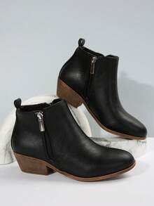 女式黑色粗跟踝靴，休闲侧拉链圆头短靴，舒适踝靴，双拉链时尚靴子，紧身靴，女士时尚踝靴，厚跟和鞋底，休闲设计，女式粗跟踝靴切尔西靴弹力靴粗跟休闲靴，女鞋，新款时尚百搭粗跟性感女士短靴，秋冬踝靴 - 黑色 - 查看 9