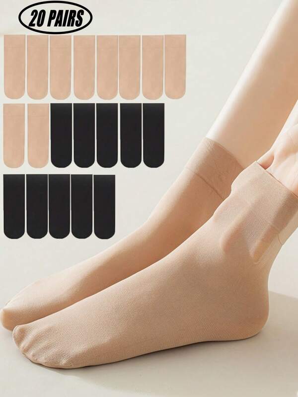 20 Pairs Women Solid Color Mid-Calf Socks, Skin Tone & Black, Comfortable, Breathable, Spring Elastic Stockings, Anti-Snag