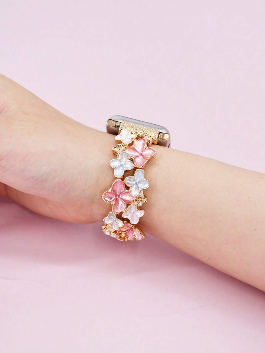 1PC Pink Blue Floral Elastic Bracelet Watch Strap Compatible With Apple Watch Strap Series Ultra 2 SE 10 9 8 7 6 5 4 3 2 1 Stylish Bracelet Watch Band Compatible With Apple Watch Band 38mm 40mm 41mm 42mm 44mm 45mm 46mm 49mm