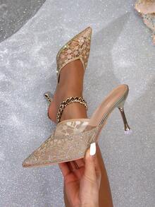 百搭细高跟网眼水晶鞋，镂空包头高跟凉鞋，时尚穆勒鞋 - 彩色 - 查看 1