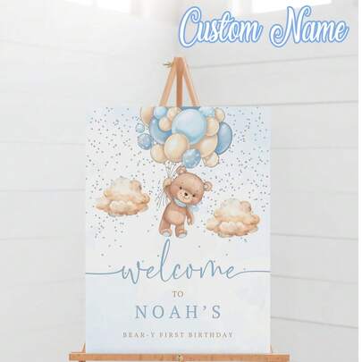 1pc- Custom Bear Birthday Posters, Editable First Birthday Signs, Bear Birthday Welcome Posters, First Birthday Welcome Signs, Printable Birthdays, Custom Frameless Canvas Posters - Personalized Wall Art With Your Photos, Wall Decoration ,Bachelorette Party Favors
