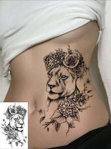 10 piezas/2 piezas Pegatinas de tatuaje desechables realistas de león negro con rosa & hortensia, tatuajes temporales realistas grandes de flores & animales a prueba de agua, pegatinas de decoración corporal sexy para cintura y caderas de mujeres, pegatinas de arte corporal temporal grandes de flores & animales de larga duración - Negro - Ver 5