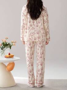 2pcs Women's V-Neck Long Sleeve Top And Pants Sleepwear Pajama Set, Skin-Friendly Homewear, Spring & Autumn, Fall Winter Clothes