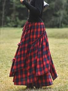 女士格子休闲波西米亚风不对称下摆3D立体花卉装饰半身裙，圣诞红 - 紅色 - 查看 3