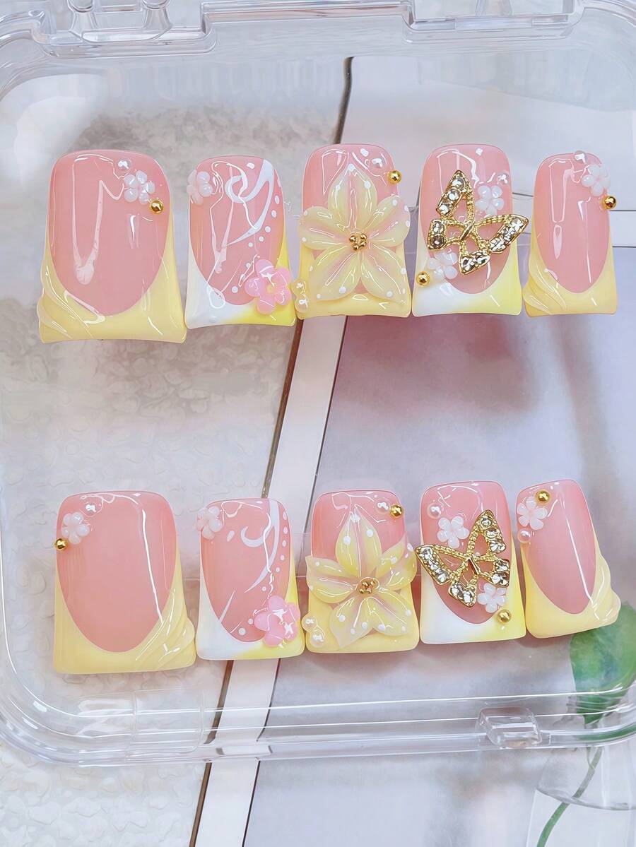 10pcs Y2K Style Nails Chic Duckbill Press On Nails Set - Handcrafted, Yellow Nails, Yellow Gradient French Style, Handmade 3D Yellow Flowers, Hand Drawn White Flower Branch And White Little Flowers Element Design, Sparkling Golden Little Steel Ball Accents - Suitable For Women And Girls, Party, Wedding, Daily Wear, Includes Tool Kit. Duck Nails. Handmade Press On Nails. Fake Nails. Nail Supplies - 彩色 - 查看 1
