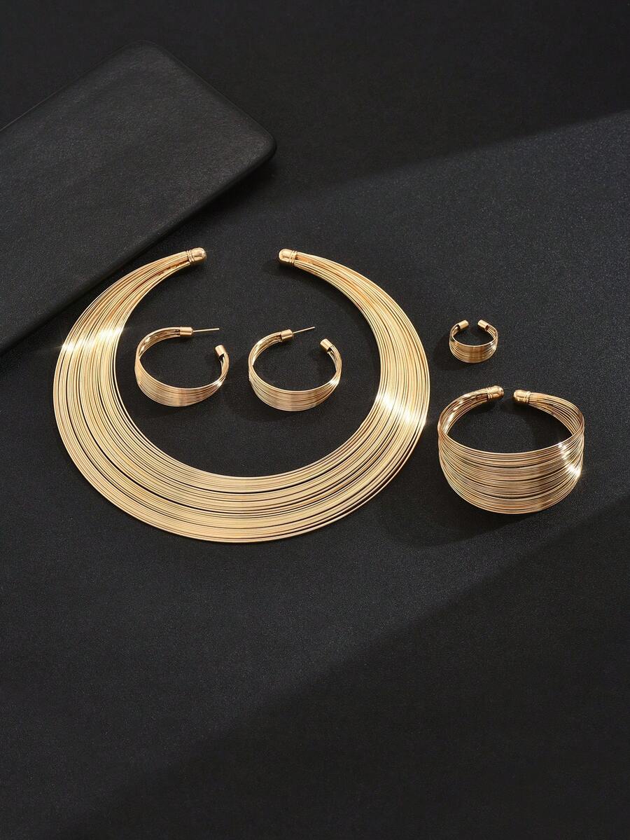 Juego de 4 piezas: 1 collar, 1 par de aretes, 1 anillo, 1 pulsera, conjunto de joyas clásicas retro tradicionales de múltiples capas tipo choker - Amarillo Oro - Ver 1