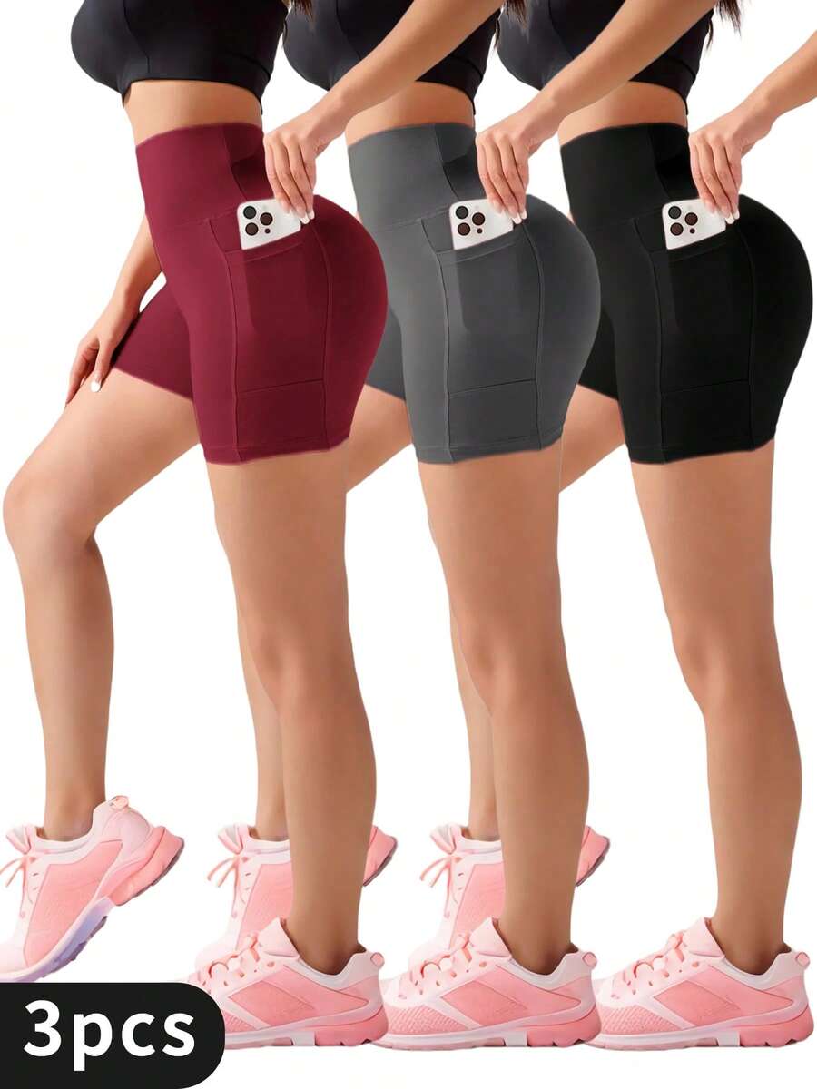 3pcs Women's Solid Yoga Shorts - 4-Way Stretch High-Waisted Workout Shorts - Anti-Chafing & Squat Proof, Lightweight For Hot Yoga, Jogging, Travel - 3件 - 查看 1