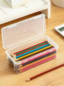 [返校] 1件/3件/5件大容量透明铅笔盒 - 耐用塑料带铰链盖多功能收纳盒，适用于学校和办公用品，桌面收纳盒，颜色随机 - 彩色 - 查看 8