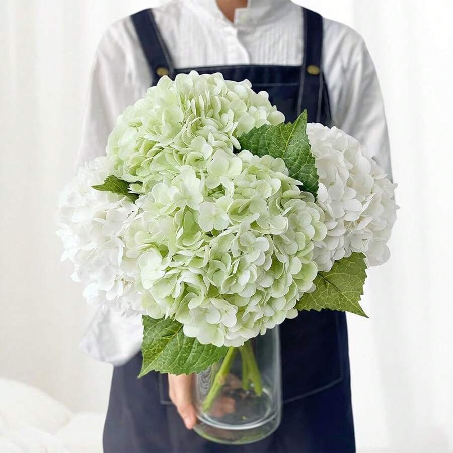 White Flowers Hydrangea Artificial Flowers, 4Pcs Outdoor Large 21" Royal Real Touch Latex Silk Flowers Faux Hydrangea, Lifelike Fake Flower For Spring Wedding Bouquet Table Centerpieceshalloween - Trắng/Xanh lá cây - Xem 1