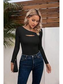 Womens Fashion Fall Cutout Long Sleeve Ribbed Slim Fitted Tops Shirts Tee Tshirts - Long-black - View 7