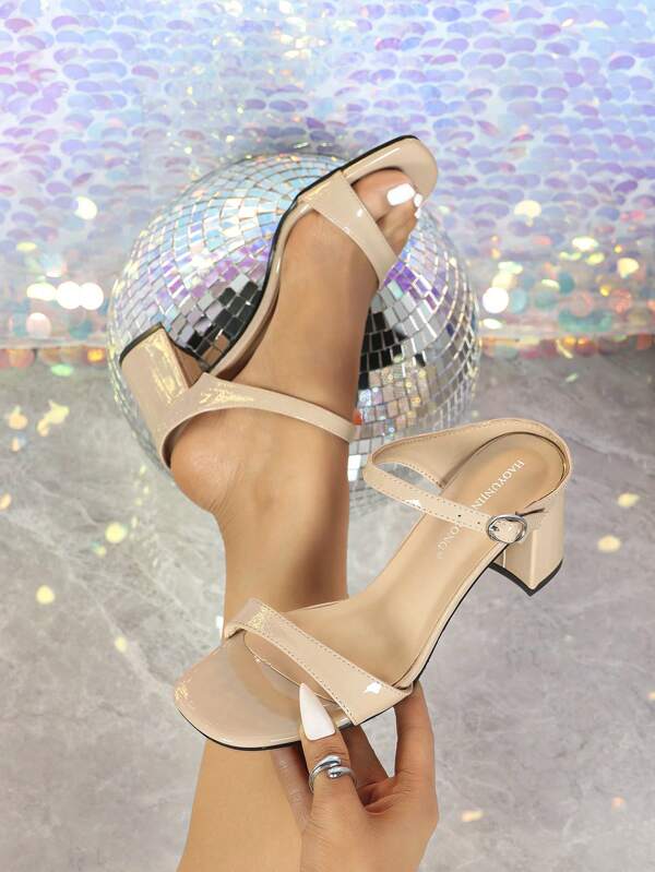 Women's Apricot Color Thick Heel Sandals With One-Strap, Comfortable Minimalist 6cm Square Heel Slippers, Simple & Fashionable