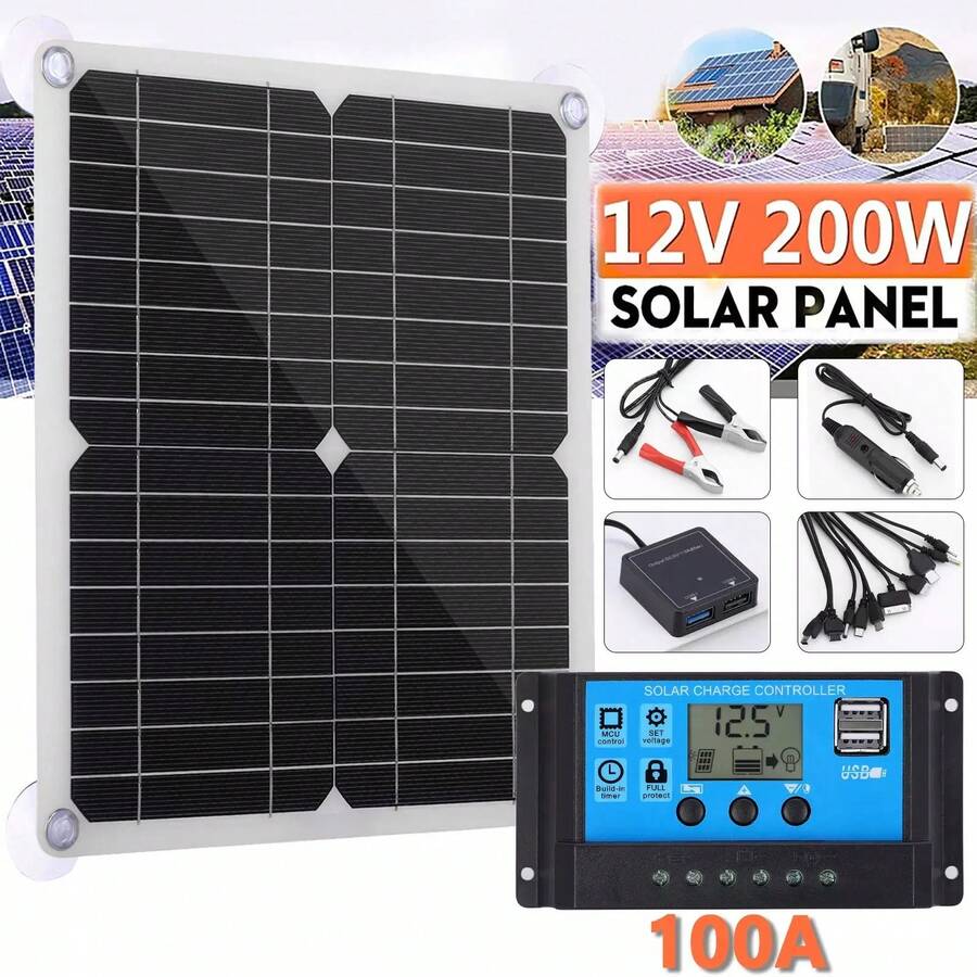 200 Watts Solar Panel Kit 100A 12V Battery Charger With Controller Caravan Boat - Black - View 1