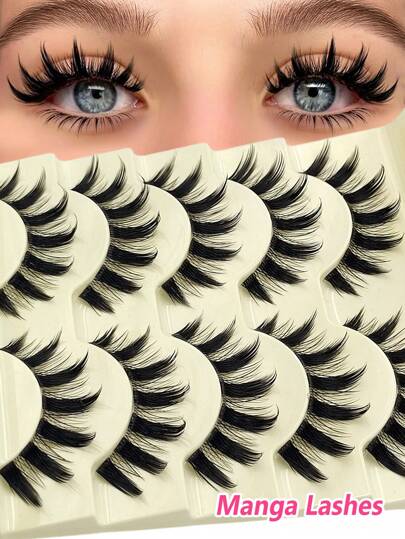 Asiteo 5 对漫画睫毛睫毛柔软自然长睫毛假睫毛，动漫纤细条状假睫毛，用于日常化妆延长角色扮演，派对可重复使用条状睫毛，睫毛，睫毛，假睫毛