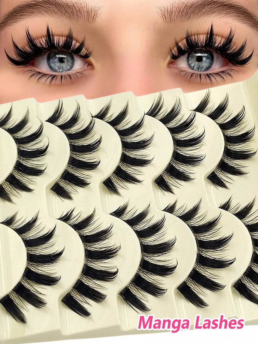 Asiteo 5 对漫画睫毛睫毛柔软自然长睫毛假睫毛，动漫纤细条状假睫毛，用于日常化妆延长角色扮演，派对可重复使用条状睫毛，睫毛，睫毛，假睫毛 - 尖尾漫畫款 - 查看 1