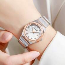 Eine Damenuhr in Roségold mit mehrfarbigem Zifferblatt, Roségold Edelstahl-Armband, Diamant-Stundenmarkierungen und Quarz-Uhrwerk, geeignet für den täglichen Gebrauch, Modell LA391.