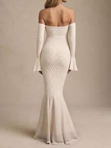 1pc Solid Color Lace Off-Shoulder Elegant Fitted Cocktail Party Wedding Dress, Valentine's Day Spring - Apricot - View 2