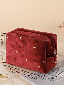 1pc Velvet Star Octagonal Cosmetic Bag, Large Capacity Portable Makeup Bag, Travel Organizer Pouch For Cosmetics, Skincare, Lipsticks, Simple Solid Color Style, Great Gift Item Travel Essentials Bag For School Vacation Holiday Back To School Supplies Travel Bag For Women - Multicolor - View 3