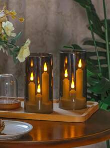 3 件三合一无焰锥形短蜡烛，带 10 键遥控器和定时器，电池供电 2 个 LED 亚克力 7.5 厘米 X 15 厘米柱状闪烁暖光，适用于生日、婚礼、万圣节、圣诞节氛围装饰 - 灰色