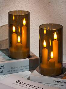 3 件三合一无焰锥形短蜡烛，带 10 键遥控器和定时器，电池供电 2 个 LED 亚克力 7.5 厘米 X 15 厘米柱状闪烁暖光，适用于生日、婚礼、万圣节、圣诞节氛围装饰 - 灰色