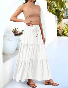 SC-SkirtWomen'sMaxiStA-LineFlowyRuffleTieredElastichWaistBeachLongStswithPocketsblack Skirt Skirt