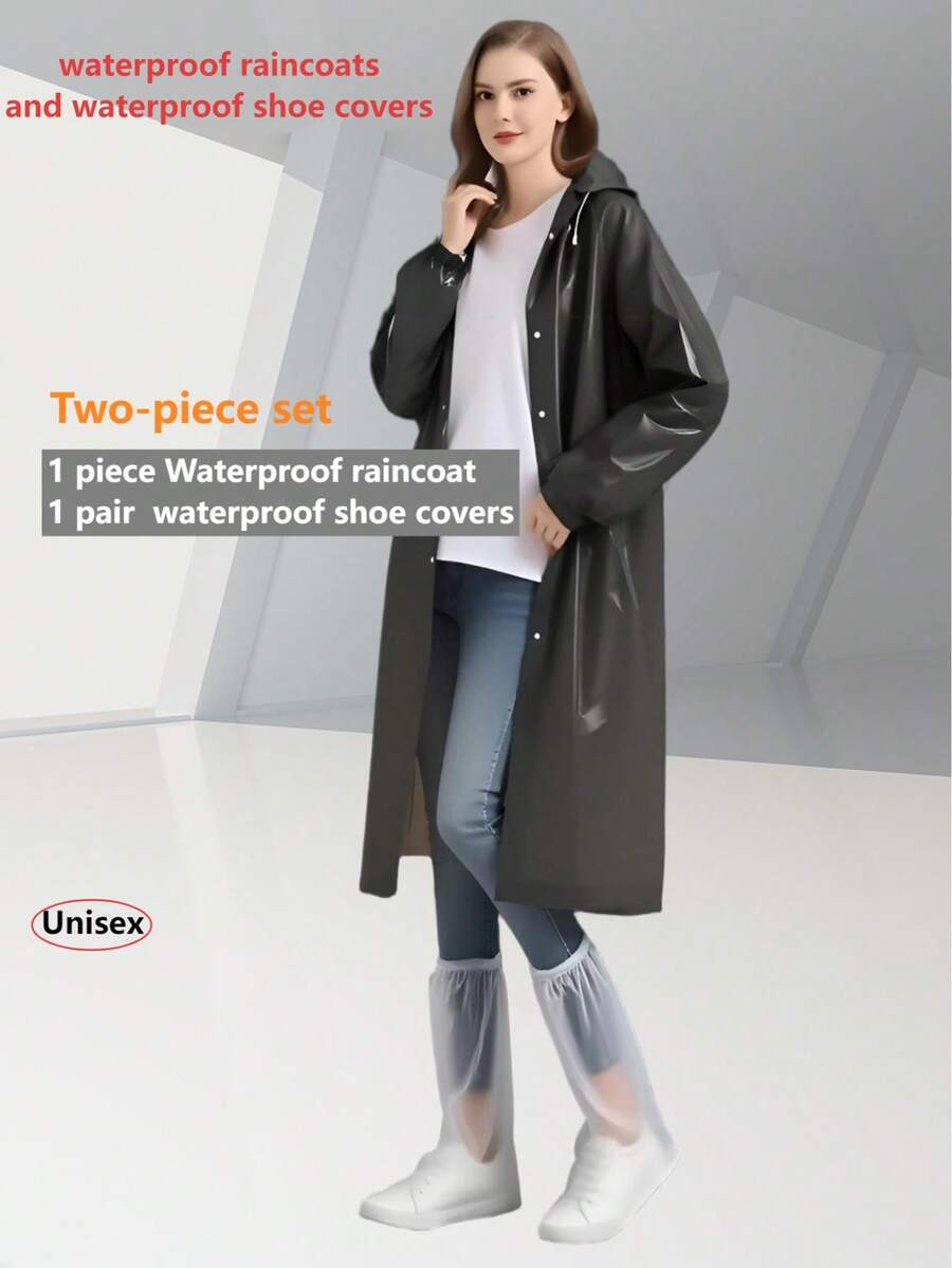 2 Stücke/Set Regenmantel + Wasserdichte Schuhüberzüge, dickerer Ganzkörper-Regenmantel für Erwachsene, unisex leicht tragbare Regenjacke, gerade geschnittene wasserdichte Schuhüberzüge, Schutz vor Staub und Regen