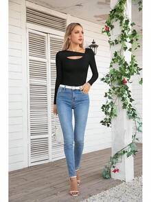 Womens Fashion Fall Cutout Long Sleeve Ribbed Slim Fitted Tops Shirts Tee Tshirts - Long-black - View 6