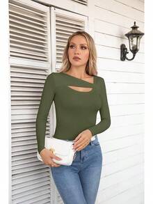 Womens Fashion Fall Cutout Long Sleeve Ribbed Slim Fitted Tops Shirts Tee Tshirts - Xanh dài - Xem 5