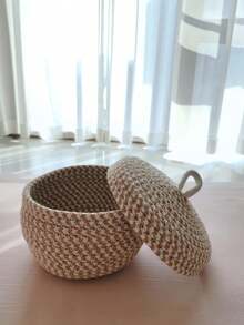 Woven Round Lidded Desktop Organizer Box, Handmade Household Storage Basket For Fruit, Cosmetics - Apricot - View 4
