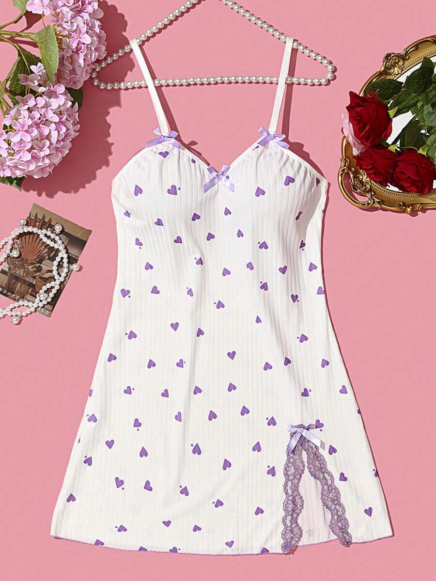 女士性感内衣蝴蝶结装饰印花蕾丝边开衩下摆吊带睡衣吊带裙性感内衣睡衣性感内衣服装性感内衣裙