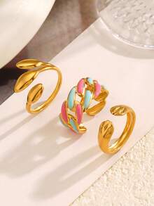 Set Cincin Terbuka Rantai Daun Minimalis Berlapis Emas 18K dari Stainless Steel (3 buah), Cocok untuk Pemakaian Sehari-hari Wanita - MultiWarna - View 5