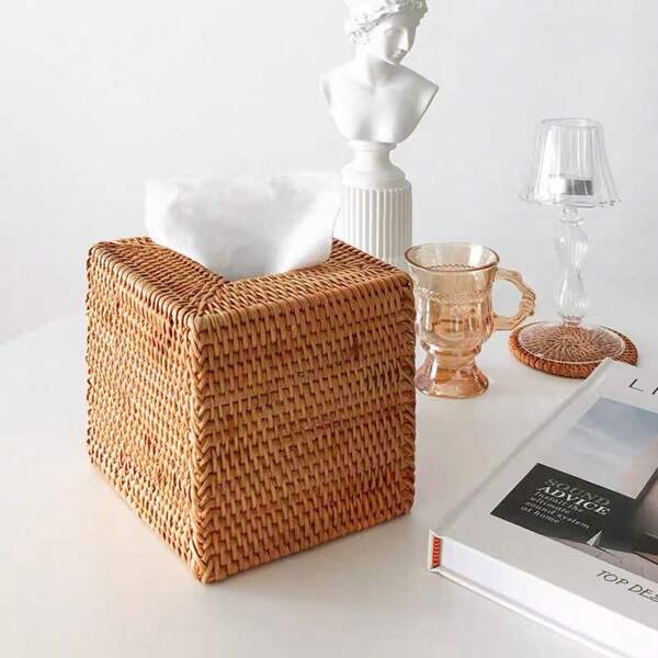 1 pieza Cubierta de caja de pañuelos cuadrada de ratán DIY, soporte de pañuelos tejido a mano de mimbre, soporte de pañuelos tejido de ratán, organizador de caja de pañuelos de escritorio, decoración de escritorio de oficina en el hogar