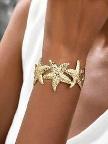 1pc Fashionable Metal Ocean Series Starfish Bangle, Adjustable Open Design Women Summer Beach Holiday Daily Outfit Jewelry - Gold - View 1