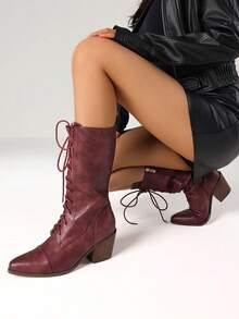 Women's Retro Pointed Toe Boots Fashion Block Chunky Heels Side Zipper Lace-Up Casual Party Dress Fall Vintage Mid Calf Boots Woman - 酒紅色 - 查看 8