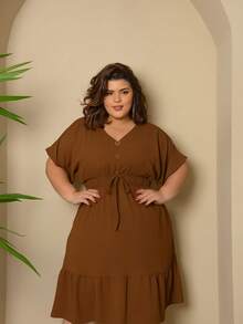 Batwing Dress Plus Size Midi Short Sleeve Duna Fabric Size U/G1 From 44 To 50 With Front Buttons Fashion Elegant Simple Casual Elegant Party Ruffle Hem Buttons On The Front Knot Wedding - 鏽棕色 - 查看 1